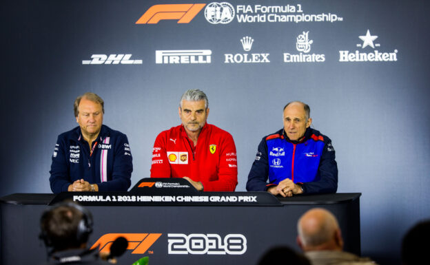Friday Press Conference Transcript China 2018 1 Bob Fernley of Force-India and Great-Britain Maurizio Arrivabene of Ferrari and Italy and Franz Tost of Scuderia Toro Rosso and Austria during practice for the Formula One Grand Prix of China
