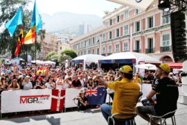 Carlos Sainz Jr Renault Sport F1 Team and team mate Nico Hulkenberg Renault Sport F1 Team on the Fanzone Stage. Monaco Grand Prix, Friday 25th May 2018. Monte Carlo, Monaco.