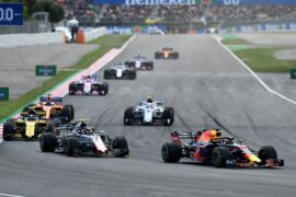 Daniel Ricciardo driving the Red Bull Racing RB14 leads Kevin driving the (20) Haas F1 Team VF-18 Ferrari on track during the Spanish GP F1/2018.