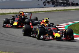 Max Verstappen of the Netherlands leads Daniel Ricciardo on track during the Spanish GP F1/2018.