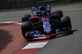 Brendon Hartley driving the (28) Scuderia Toro Rosso STR13 Honda on track during practice for the Monaco Formula One Grand Prix 2018.