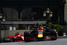 Max Verstappen driving the (33) Aston Martin Red Bull Racing RB14 TAG Heuer leads Sebastian Vettel of Germany driving the (5) Scuderia Ferrari SF71H on track during practice for the Monaco Formula One Grand Prix 2018.