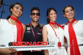 Daniel Ricciardo of Red Bull Racing poses for a photo with grid girls during previews ahead of the Monaco Formula One Grand Prix at Circuit de Monaco on May 25, 2018 in Monte-Carlo, Monaco.
