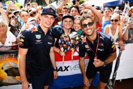 Daniel Ricciardo and Max Verstappen of Red Bull Racing pose for a photo with fans during previews ahead of the Monaco Formula One Grand Prix at Circuit de Monaco on May 25, 2018 in Monte-Carlo, Monaco.