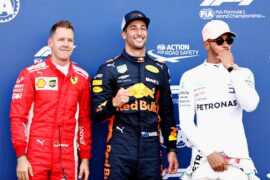 Top three qualifiers Daniel Ricciardo of Red Bull Racing, Sebastian Vettel of Ferrari and Lewis Hamilton of Mercedes GP pose for a photo in parc ferme during qualifying for the Monaco Formula One Grand Prix 2018.