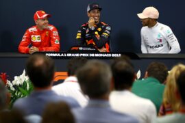 Top three qualifiers Daniel Ricciardo of Red Bull Racing, Sebastian Vettel of Ferrari and Lewis Hamilton of Mercedes GP in the press conference after qualifying for the Monaco Formula One Grand Prix at Circuit de Monaco on May 26, 2018 in Monte-Carlo, Monaco.