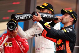 Race winner Daniel Ricciardo of Red Bull Racing celebrates on the podium during the Monaco Formula One Grand Prix at Circuit de Monaco on May 27, 2018 in Monte-Carlo, Monaco.