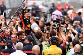Race winner Daniel Ricciardo of Red Bull Racing celebrates with his team during the Monaco Formula One Grand Prix at Circuit de Monaco on May 27, 2018 in Monte-Carlo, Monaco.
