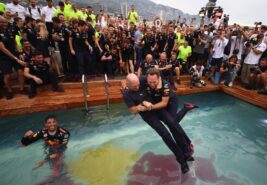 Adrian Newey, the Chief Technical Officer of Red Bull Racing and Red Bull Racing Team Principal Christian Horner celebrate the race win of Daniel Ricciardo of Australia and Red Bull Racing in the swimming pool of the Red Bull Energy Station after the Monaco Formula One Grand Prix at Circuit de Monaco on May 27, 2018 in Monte-Carlo, Monaco.