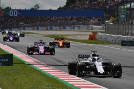 Circuit de Barcelona-Catalunya, Spain. Sunday, 13 May 2018. Lance Stroll, Williams FW41 Mercedes, leads Sergio Perez, Force India VJM11 Mercedes, and Stoffel Vandoorne, McLaren MCL33 Renault.