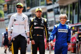 Nico Hulkenberg Renault Sport F1 Team with Carlos Sainz Jr Renault Sport F1 Team and Alain Prost Renault Sport F1 Team Special Advisor. Monaco Grand Prix, Friday 25th May 2018. Monte Carlo, Monaco.