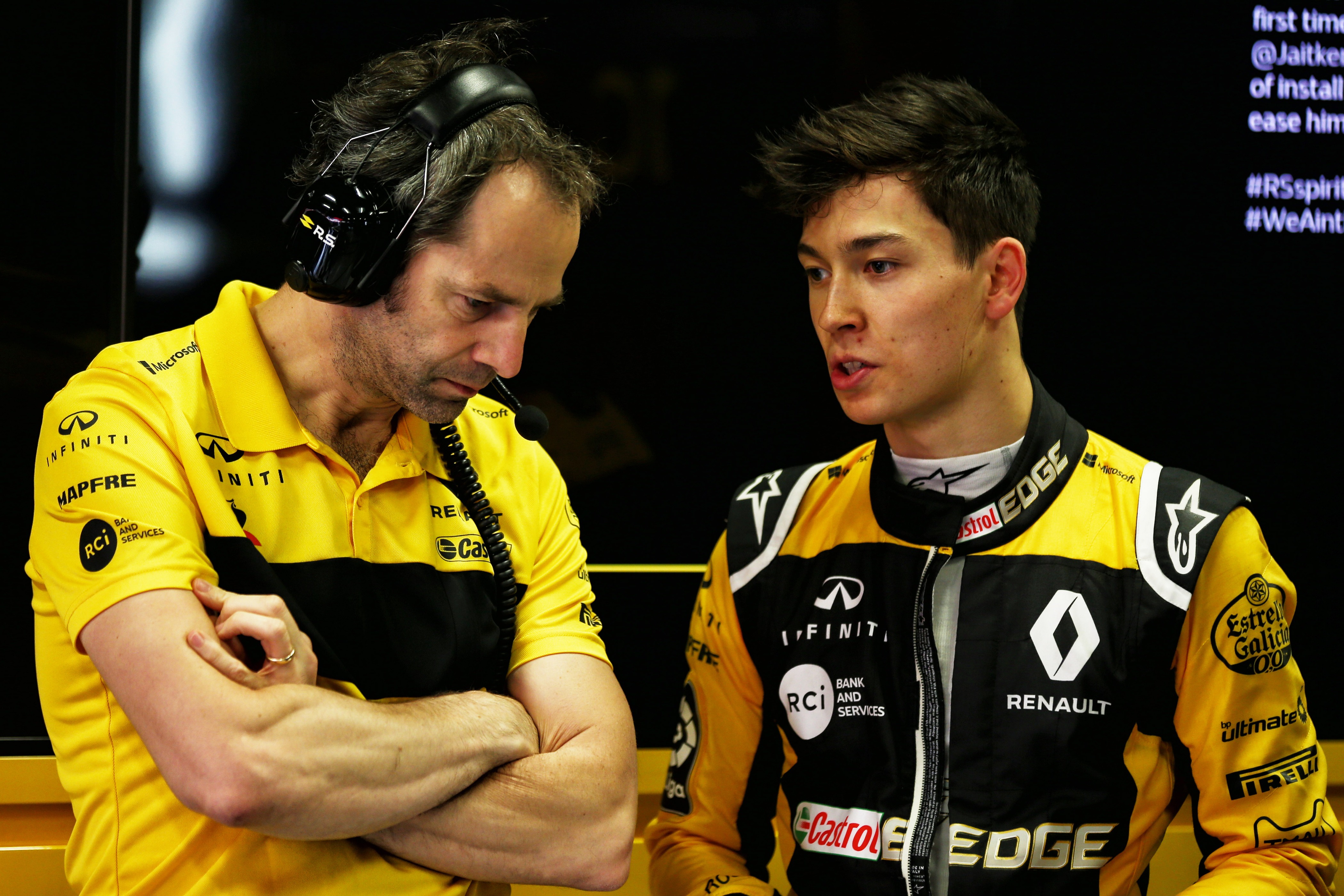 Ciaron Pilbeam Renault Sport F1 Team Chief Race Engineer with Jack Aitken Renault Sport F1 Team Test and Reserve Driver. Formula One In Season Testing, Day 2, Wednesday 16th May 2018. Barcelona, Spain.