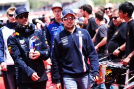 (L to R): Daniel Ricciardo (AUS) Red Bull Racing with Sergio Perez (MEX) Sahara Force India F1 on the drivers parade. Spanish Grand Prix, Sunday 13th May 2018. Barcelona, Spain.