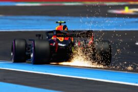 Sparks fly behind Max Verstappen of the Netherlands driving the (33) Aston Martin Red Bull Racing RB14 TAG Heuer on track during practice for the Formula One Grand Prix of France at Circuit Paul Ricard 2018