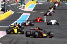 Max Verstappen of the Netherlands driving the (33) Aston Martin Red Bull Racing RB14 TAG Heuer leads Carlos Sainz of Spain driving the (55) Renault Sport Formula One Team RS18 on track during the Formula One Grand Prix of France at Circuit Paul Ricard on June 24, 2018 in Le Castellet, France.