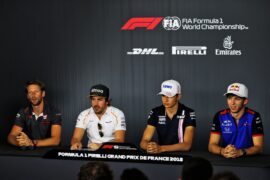 The FIA Press Conference Romain Grosjean Haas F1 Team; Fernando Alonso McLaren; Esteban Ocon Sahara Force India F1 Team; Pierre Gasly Scuderia Toro Rosso. French Grand Prix 2018
