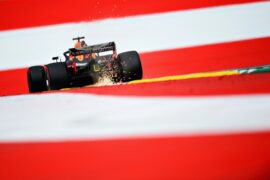 SPIELBERG, AUSTRIA - JUNE 29: Sparks fly behind Daniel Ricciardo of Australia driving the (3) Aston Martin Red Bull Racing RB14 TAG Heuer on track during practice for the Formula One Grand Prix of Austria at Red Bull Ring on June 29, 2018 in Spielberg, Austria. (Photo by Patrik Lundin/Getty Images)
