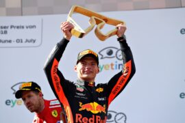 Race winner Max Verstappen celebrates on the podium during the Formula One Grand Prix of Austria at Red Bull Ring