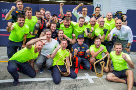 Max Verstappen celebrates with his crew during the Formula One Grand Prix of Austria at Red Bull Ring on July 1, 2018 in Spielberg, Austria