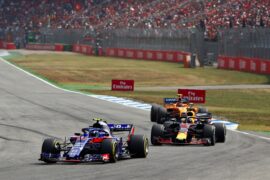 Pierre Gasly of Toro Rosso driving the (10) Scuderia Toro Rosso STR13 Honda leads Daniel Ricciardo of Red Bull Racing RB14 TAG Heuer on track during the Formula One Grand Prix of Germany 2018