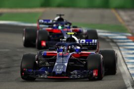 Pierre Gasly leads Brendon Hartley of New Zealand driving the (28) Scuderia Toro Rosso STR13 Honda on track during the Formula One Grand Prix of Germany 2018