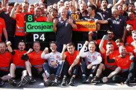 Romain Grosjean and the Haas team celebrate their P4 & P5 finish in the 2018 Austrian GP
