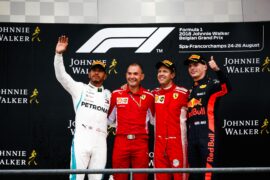 Winners Belgian GP F1/2018 Sebastian Vettel, Lewis Hamilton & Max Verstappen