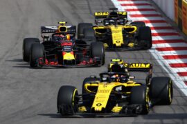 Max Verstappen of Red Bull Racing RB14 TAG Heuer overtakes Nico Hulkenberg of Renault Sport Formula One Team RS18 on track during the Formula One Grand Prix of Russia at Sochi Autodrom on September 30, 2018 in Sochi, Russia.