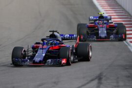Brendon Hartley of New Zealand driving the (28) Scuderia Toro Rosso STR13 Honda leads Pierre Gasly of France and Scuderia Toro Rosso driving the (10) Scuderia Toro Rosso STR13 Honda on track during the Formula One Grand Prix of Russia at Sochi Autodrom on September 30, 2018 in Sochi, Russia.