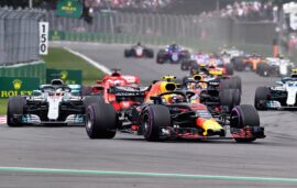 Max Verstappen of the Netherlands driving the (33) Aston Martin Red Bull Racing RB14 TAG Heuer leads the field during the Formula One Grand Prix of Mexico at Autodromo Hermanos Rodriguez on October 28, 2018 in Mexico City, Mexico.