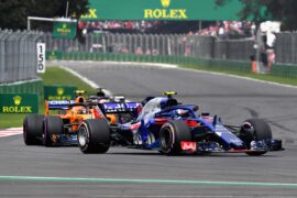 Pierre Gasly of France and Scuderia Toro Rosso driving the (10) Scuderia Toro Rosso STR13 Honda leads Stoffel Vandoorne of Belgium driving the (2) McLaren F1 Team MCL33 Renault on track during the Formula One Grand Prix of Mexico at Autodromo Hermanos Rodriguez on October 28, 2018 in Mexico City, Mexico.