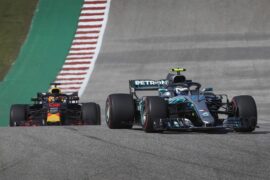 Valtterri Bottas Mercedes & Max Verstappen Red Bull on track US GP F1/2018