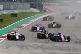 Esteban Ocon, Racing Point Force India VJM11, Charles Leclerc, Alfa Romeo Sauber C37 and Romain Grosjean, Haas F1 Team VF-18 battle at Formula One World Championship, Rd18, United States Grand Prix, Race, Circuit of the Americas, Austin, Texas, USA, Sunday 21 October 2018.