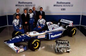 Williams FW17 Renault Präsentation mit Damin HillDavid Coulthard, Adrian Newey und Patrick Head (1995)