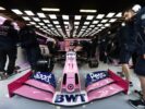 The Racing Point RP19 car of Sergio Perez in the garage at Catalunya circuit (2019)