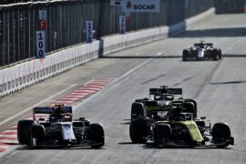 Antonio Giovinazzi (ITA) Alfa Romeo Racing C38 and Nico Hulkenberg (GER) Renault F1 Team RS19 battle for position. 2019 Azerbaijan Grand Prix,
