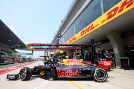 Max Verstappen of the Netherlands driving the (33) Aston Martin Red Bull Racing RB15 leaves the garage during practice for the F1 Grand Prix of China at Shanghai International Circuit on April 12, 2019 in Shanghai, China.