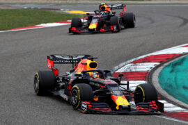 Max Verstappen of the Netherlands driving the (33) Aston Martin Red Bull Racing RB15 leads Pierre Gasly of France driving the (10) Aston Martin Red Bull Racing RB15 on track during the F1 Grand Prix of China at Shanghai International Circuit on April 14, 2019 in Shanghai, China.