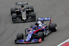 Daniil Kvyat driving the (26) Scuderia Toro Rosso STR14 Honda leads Romain Grosjean driving the (8) Haas F1 Team VF-19 Ferrari on track during the F1 Grand Prix of China at Shanghai International Circuit on April 14, 2019.