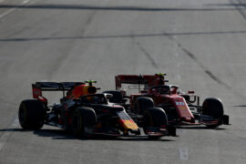 Pierre Gasly,Red Bull Racing RB15 leads Charles Leclerc, Ferrari SF90, 2019 Azerbaijan F1 GP