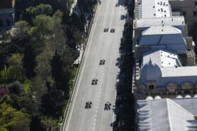 Daniil Kvyat, Toro Rosso STR14, leads Kevin Magnussen, Haas VF-19, Nico Hulkenberg, Renault R.S. 19, and Antonio Giovinazzi, Alfa Romeo Racing C38 during the 2019 Azerbaijan GP