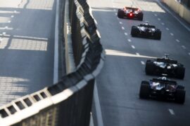Romain Grosjean, Haas VF-19, leads Alexander Albon, Toro Rosso STR14 during the 2019 Azerbaijan GP