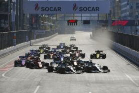 Diving into 1st corner right after the start of the 2019 Azerbaijan Formula 1 Grand Prix in Baku.