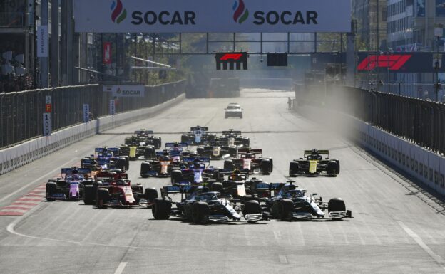 Diving into 1st corner right after the start of the 2019 Azerbaijan Formula 1 Grand Prix in Baku.