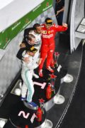 Valtteri Bottas, Mercedes AMG F1, 2nd position, Lewis Hamilton, Mercedes AMG F1, 1st position, and Sebastian Vettel, Ferrari, 3rd position, on the podium during the Chinese GP at Shanghai International Circuit on April 14, 2019.