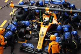 Lando Norris making his pitstop in the McLaren MCL34 at Monaco (2019)