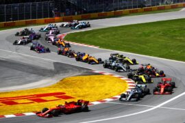 Sebastian Vettel of Germany driving the (5) Scuderia Ferrari SF90 leads the field including Pierre Gasly of France and Red Bull Racing, Max Verstappen of Netherlands and Red Bull Racing, Alexander Albon of Thailand and Scuderia Toro Rosso and Daniil Kvyat of Russia and Scuderia Toro Rosso during the F1 Grand Prix of Canada at Circuit Gilles Villeneuve on June 9, 2019 in Montreal, Canada.