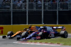 Daniil Kvyat driving the (26) Scuderia Toro Rosso STR14 Honda battles with Carlos Sainz of Spain driving the (55) McLaren F1 Team MCL34 Renault during the F1 Grand Prix of Canada at Circuit Gilles Villeneuve on June 09, 2019 in Montreal, Canada.