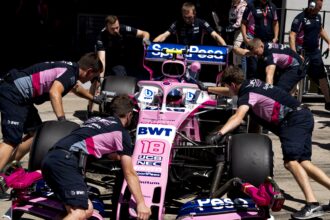 Lance Stroll, La Racing Point RP19 viene respinta nel box, GP d'Austria 2019, Red Bull Anello