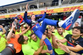 Third placed Daniil Kvyat of Toro Rosso celebrates with his team after the F1 Grand Prix of Germany at Hockenheimring on July 28, 2019 (Photo by Dan Mullan/Getty Images)